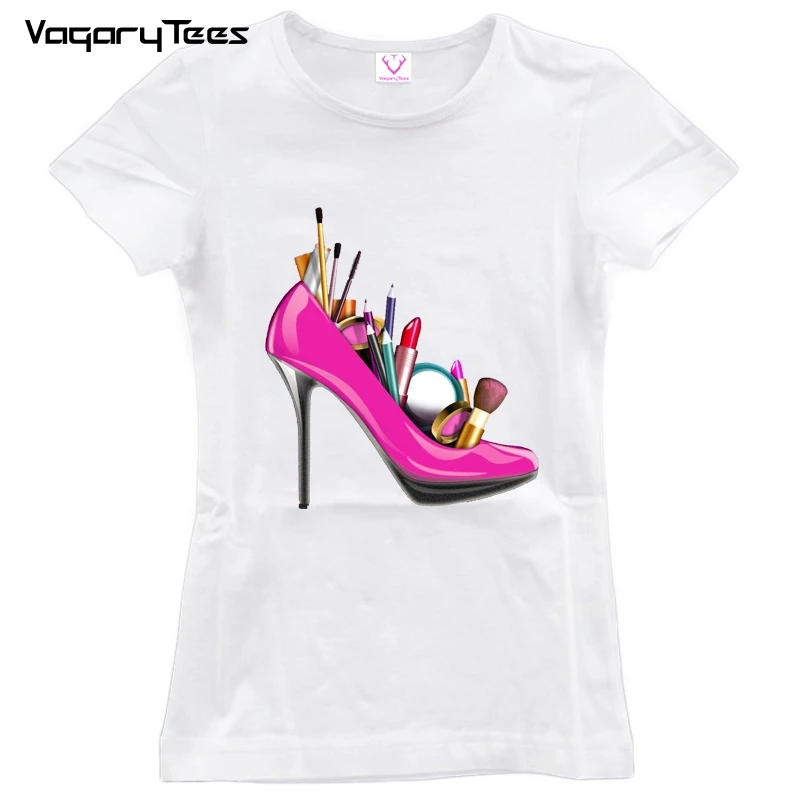 

New Pink high heels T-Shirt Summer Fashion Women T Shirts Short Sleeve Slim high heels and cosmetics Print Tops Funny Casual Tee