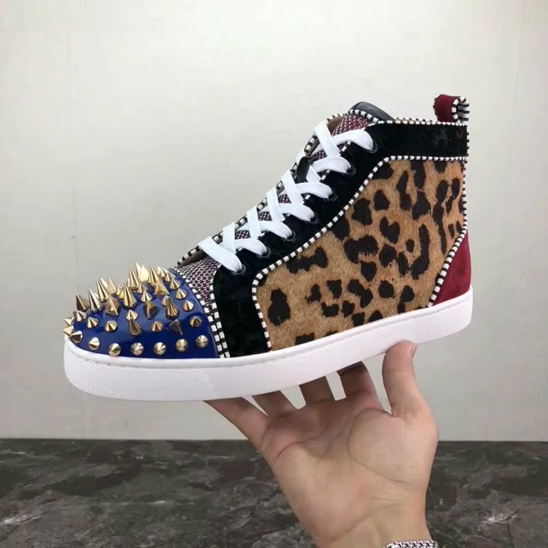 

Leopard Suede Leather Rivet Spiked Leisure Shoes Walking Sneaker Outdoor Sports Mixed Colors Shoes For Men Lover Sneakers
