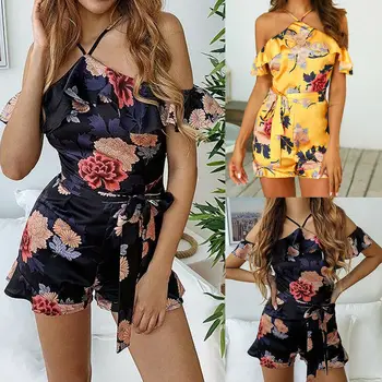 

2019 Women Holiday Ruffles Mini Playsuit Sexy Ladies Floral Halter Off Shoulder Rompers Summer Beach Casual Jumper Sundress