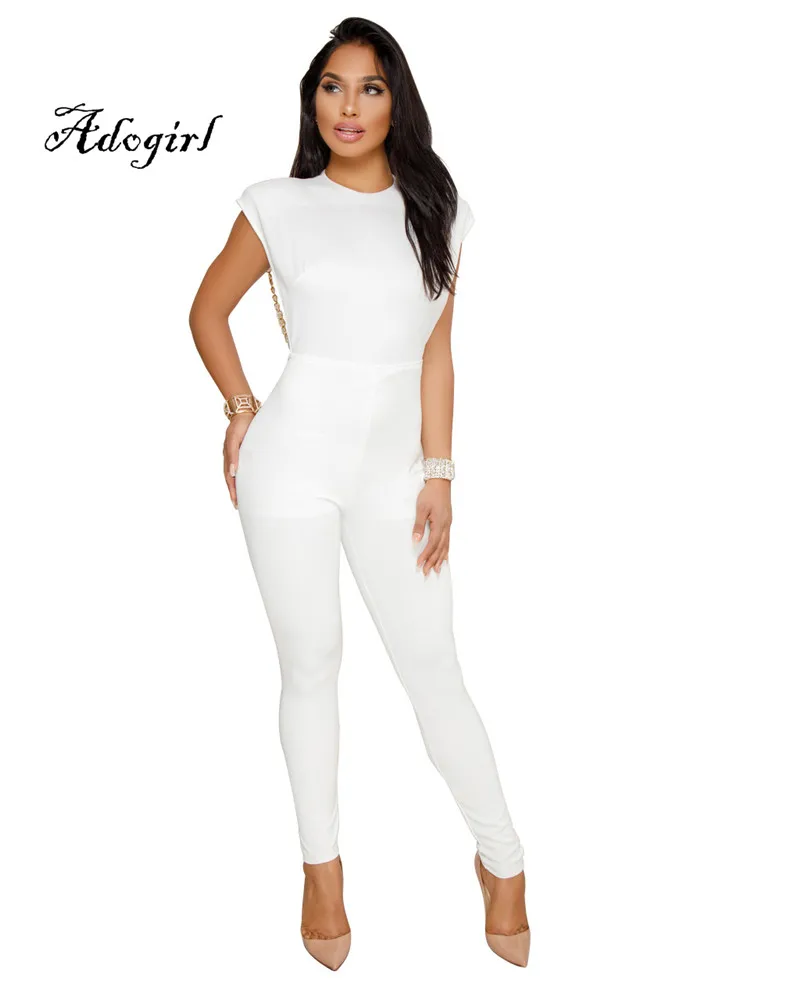 Adogirl 2018 Spring Sexy Back Pearl Chain Women Jumpsuit White-3