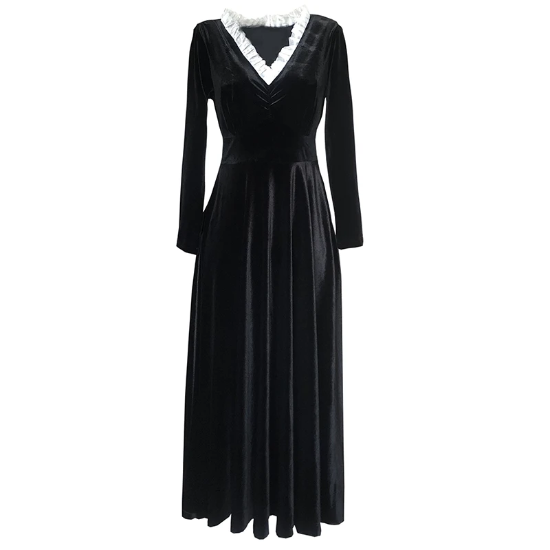 Линетт's chinoiseroy весна осень дизайн женские винтажные тонкие черные бархатные платья с высокой талией