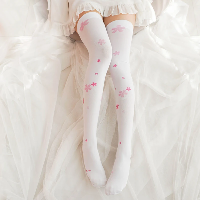 

Japanese Girls Flower Pattern Sakura Printed Stockings Girls Lolita Velvet Overknee Tights Socks Cosplay Overknee Stockings