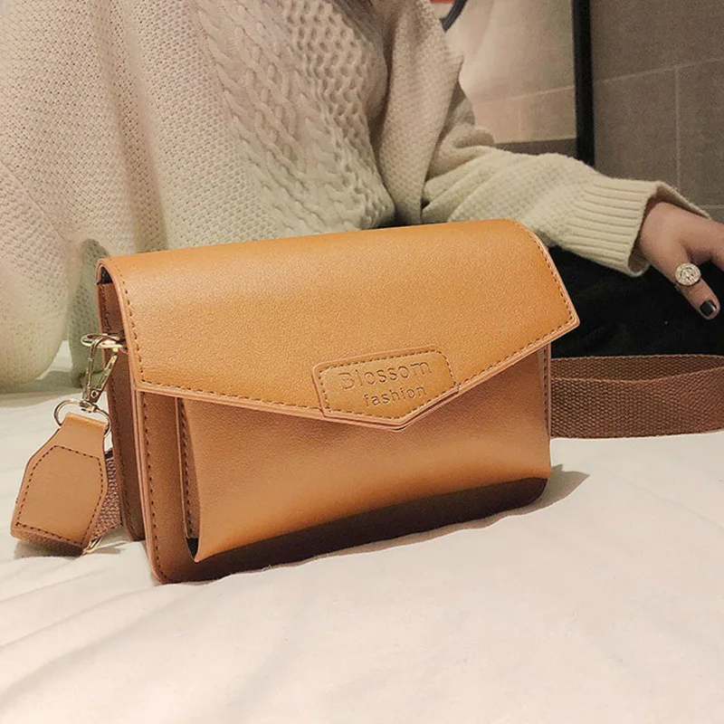 

Solid Color Pu Small Bag Ins Wild Retro Shoulder Bag Casual Letter Print Messenger Wide Shoulder Strap Crossbody Bags for women