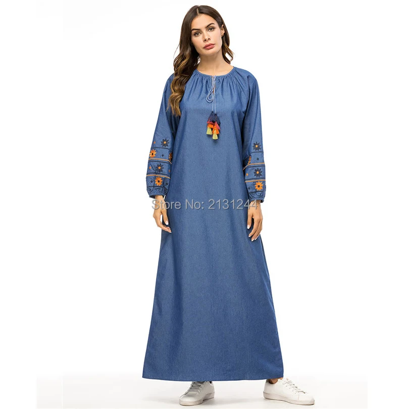 

2018 Abaya Turkey Islamic Arabic Muslim Hijab Denim Dress Kaftan Dubai Abayas For Women Qatar UAE Robe Arabe Vestidos Musulmane