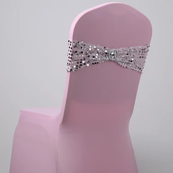 

White Colour Luxury design sequin Chair Sash Wedding Decoration Lycra Spandex Sash Fit All Chairs round buckle party hotel