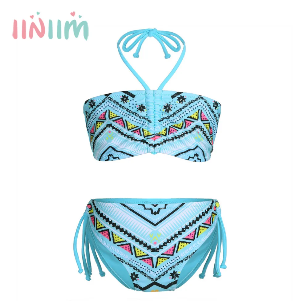 

2PCS Kids Girls Tankini Glittery Geometric Pattern Swimsuit Swimwear Bathing Suit Set Summer Halter Tops with Tie Side Bottoms