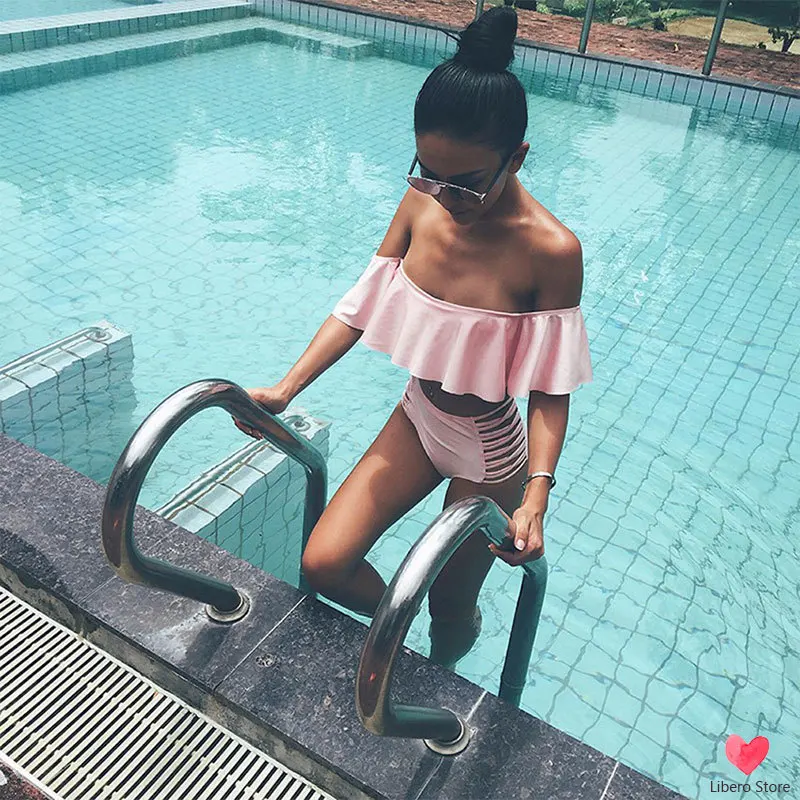 

Solid Color Bikini Set Ruffle Falbala Bandeau Bikini 2017 Swimwear Swimsuit Women High Waist Bikini Set Bathing Suits