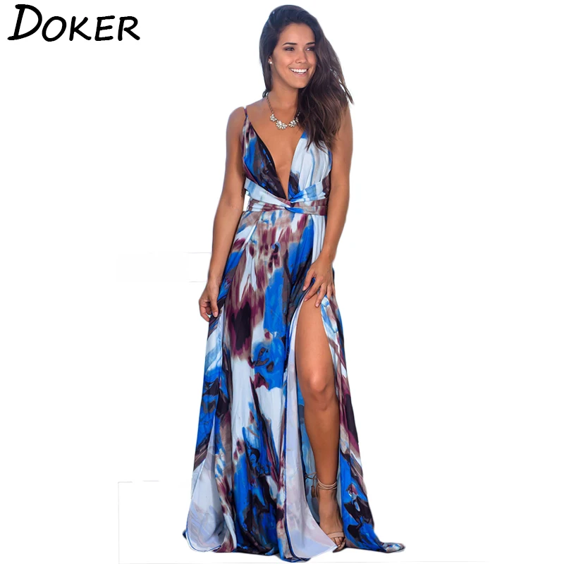 

2019 Summer New Boho Printed Spaghetti Strap Beach Dress Women Deep V-neck Backless Maxi Dress Ladies Sexy Evening Party Dress