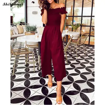 

2019 Causal Elegant Rompers Jumpsuit Womens 2019 Sexy Off Shoulder Ruffles Playsuits Wide Leg Pants Solid Summer Office Overalls