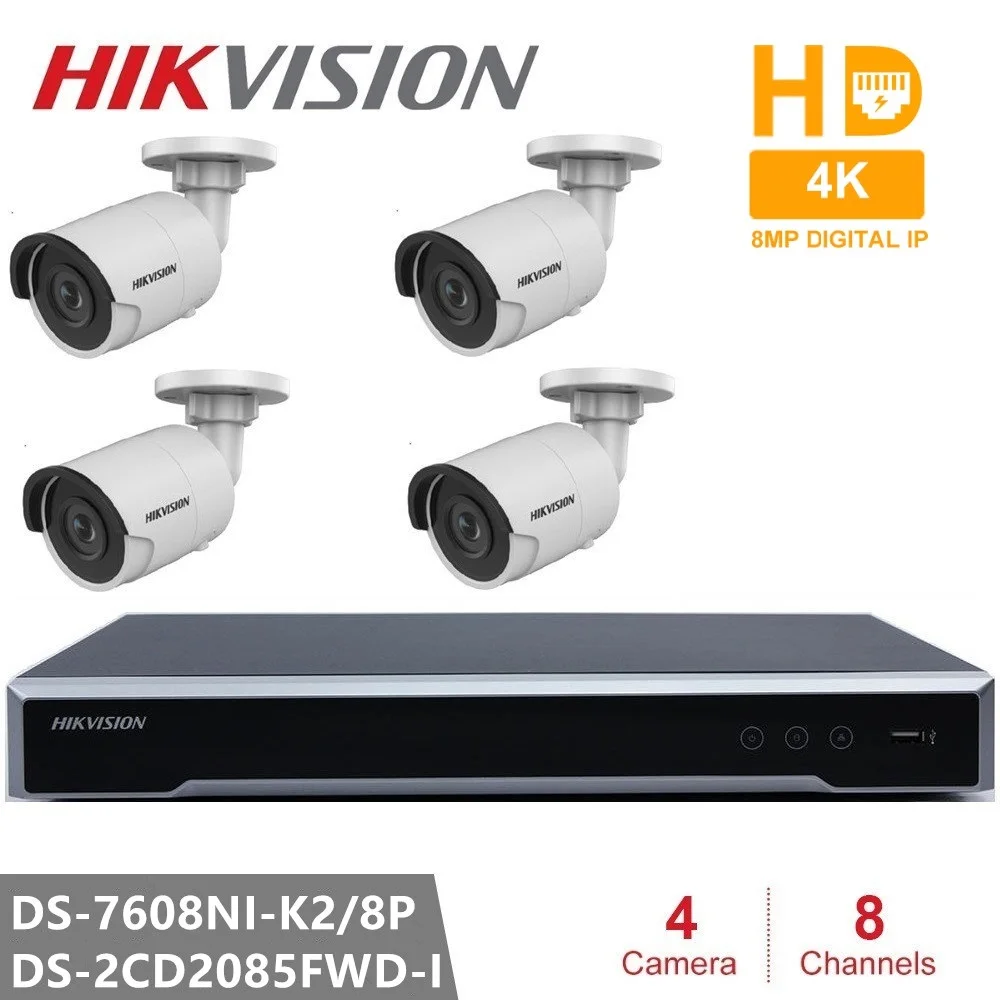 

Hikvision Security Camera Kits Embedded Plug & Play H.265 NVR 8CH 8POE & 4PCS 8MP IP Camera DS-2CD2085FWD-I WDR POE Bullet