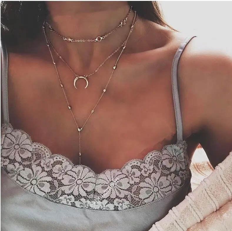 

3 Layers Chain Necklace Set Horn Necklace Crescent Moon Necklace Beach Boho Jewelry Minimal Multi Layer Long Pendant Collier