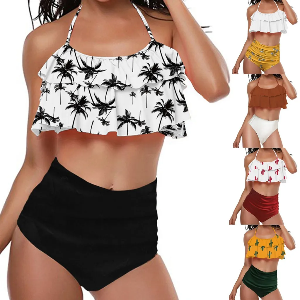 

Women's Swimming Suit Sexy Bikini Swimsuit Women Retro Flounce High Waisted Bikini Halter Neck Bikini Two Piece Swimsuit