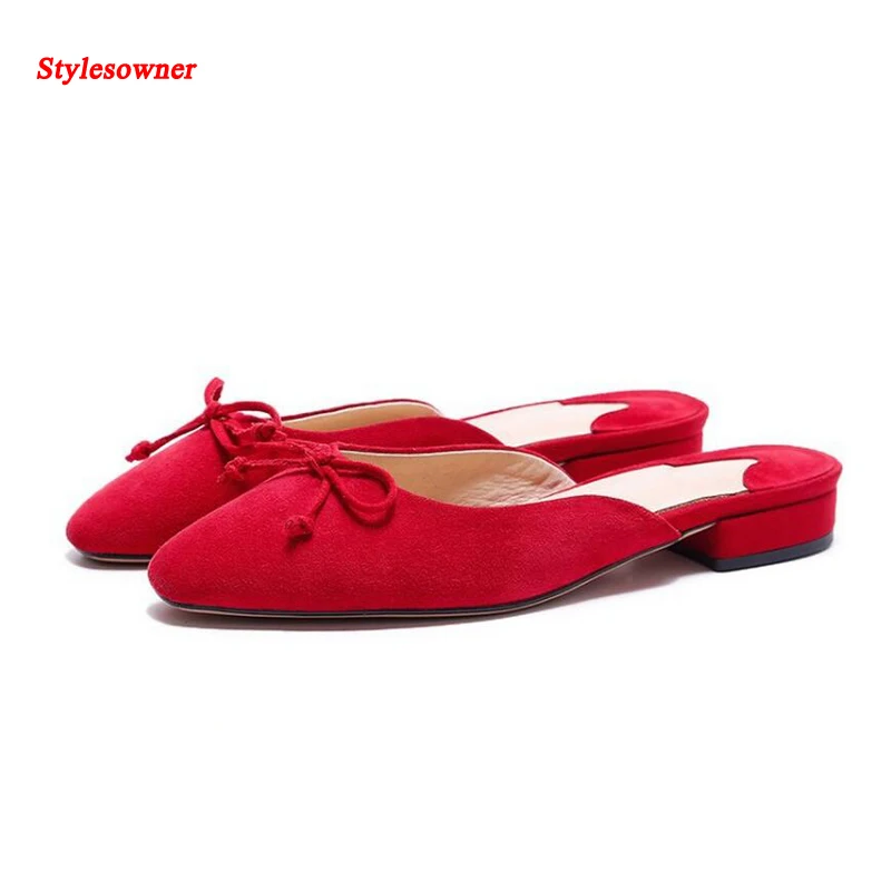 

Stylesowner Solid Color Women Mullers Shoe Suede Leather Bowtie Lazy Slides Slip On Outdoor Comfortable Summer Closed Toe Slide