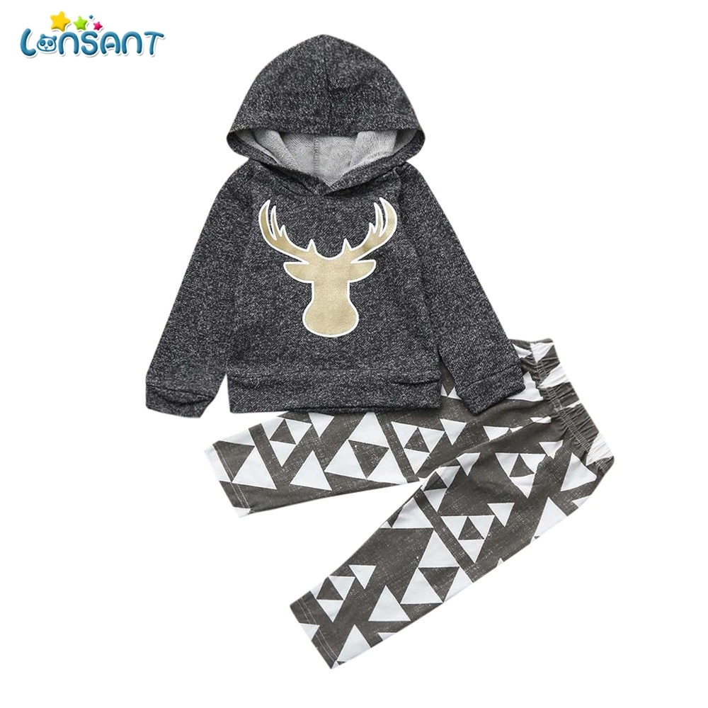 

LONSANT Autumn Winter 2Pcs Newborn Infant Baby Boy Girl Deer Hooded Long Sleeve Tops+Pants Boys Girls Outfits Clothes Set