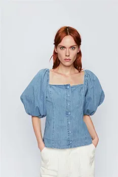 

Square Collar Design Fashion Denim Blouse 2019 Top Quality Half Sleeve Summer Autumn Clothing Women Vintage Denim Tops