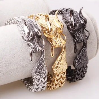 

Hip Hop Dragon Head Stainless Steel Strong Mens Bracelet Vintage Fashion Jewelry Gold Black Color Accessories Male Bracelets