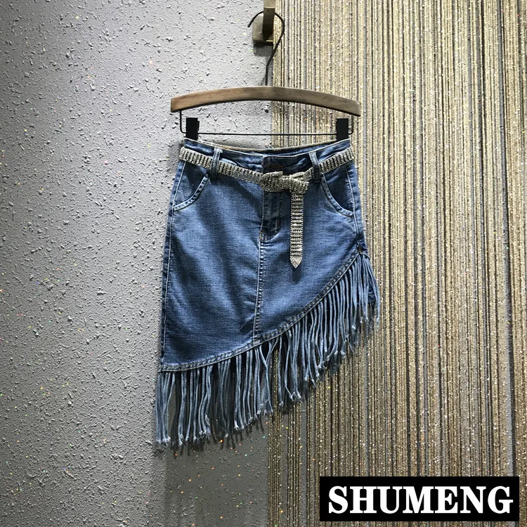 not with belt Европейские новые летние с высокой талией сексуальные нерегулярные кисточкой обтягивающие ковбойские юбки женские синие джинсовые юбки - Цвет: not with belt