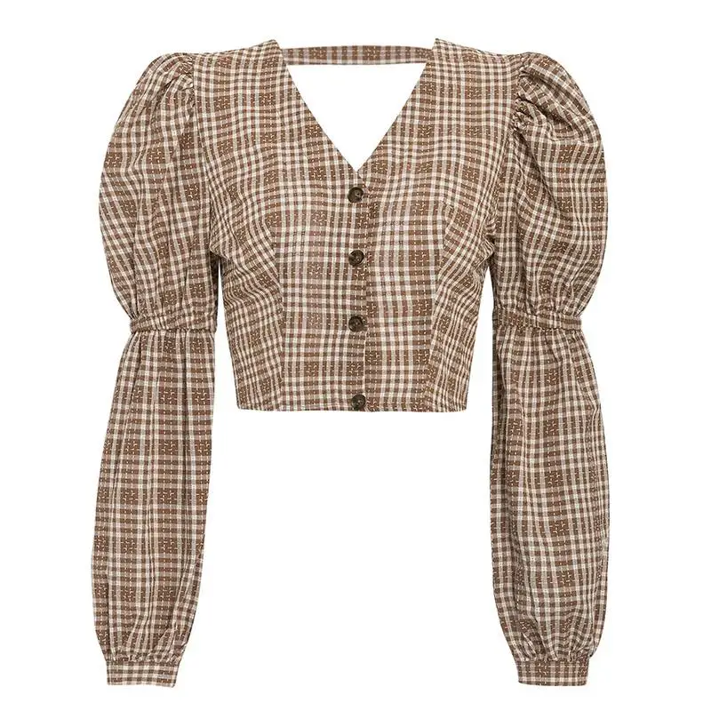  Aartiee Plaid blouses femininas elegant Dress women Sexy backless women top Vintage shirt female 20