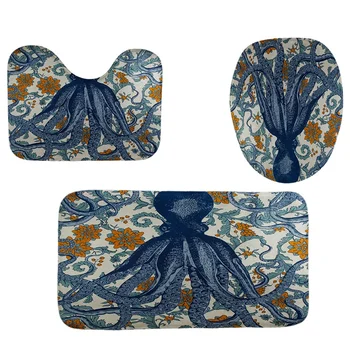 

4Pcs Home Bathroom Decor Set Deep Sea Octopus Pattern Toilet Seat Cover Bath Mat Set+Waterproof Shower Curtain