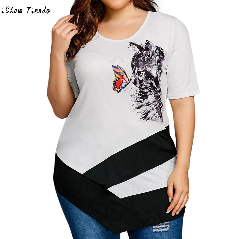 

Big Size Women Chiffon Blouse Cat Print Butterfly Sleeve Ruffles Short Plus Size 5XL Summer Sundress Cute Brief Shirt