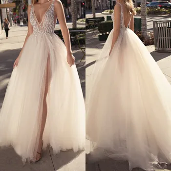 

2019 Tulle Evening Gowns Backless V Neck High Split Sexy Formal Prom Party Gowns Custom Made Special Occasion Dresses