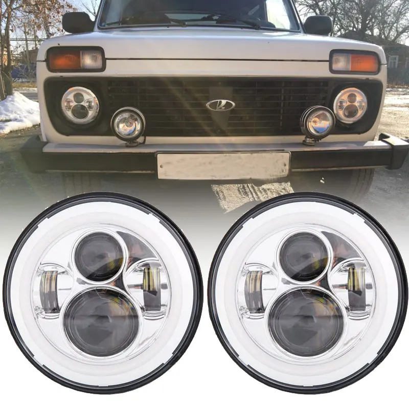 

7" 12V 24V LED Headlight with Halo Ring For VAZ 2121 Lada Niva 4x4 7INCH LED Headlamp with Amber Turn Signal For Jeep Wrangler