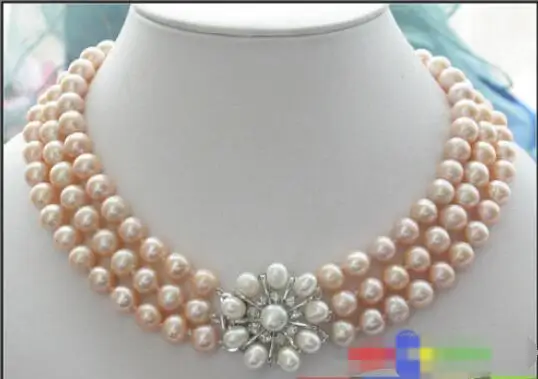 

FREE SHIPPING>>>@@ > Hot sale new Style >>>>>AA++ 3ROW 10mm PINK ROUND FRESHWATER PEARL NECKLACE FLOWER
