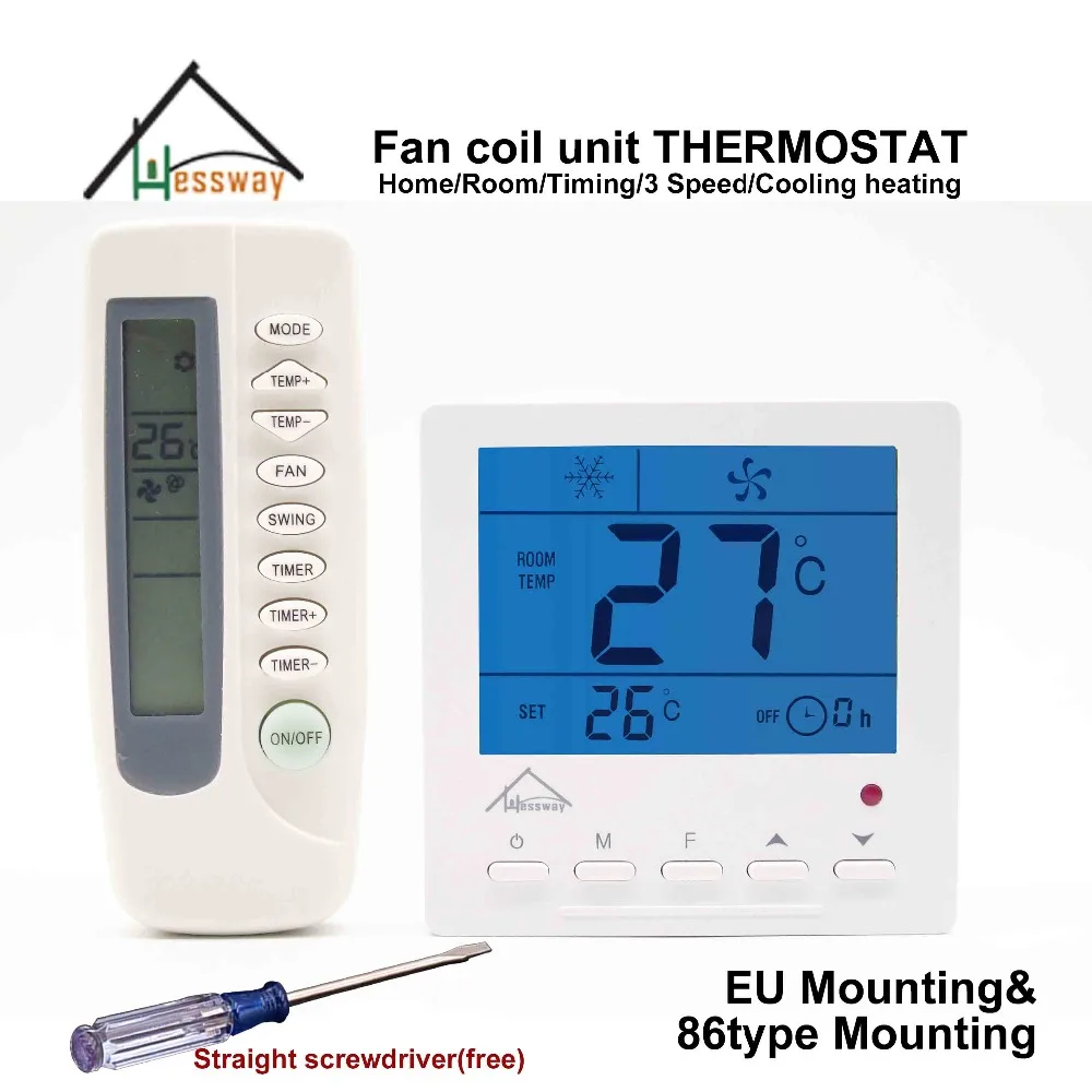 HESSWAY EU 86MM mount remote control room THERMOSTAT regulator 220v with fan control 40 degrees temperature switch