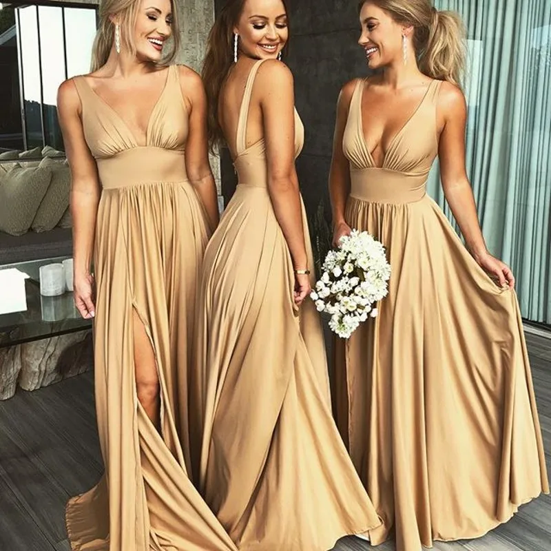 Sexy Autumn Women Dresses Deep V Neck Side Split Satin Backless Floor Length Boho Beach Bridesmaid Gowns Prom Party Dresses