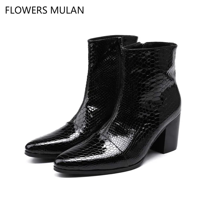 

Fashion New Black Embossed Snake Pattern Leather Ankle Boots For Men Pointed Toe Sewing Male British Martin Boot Boy Footwear