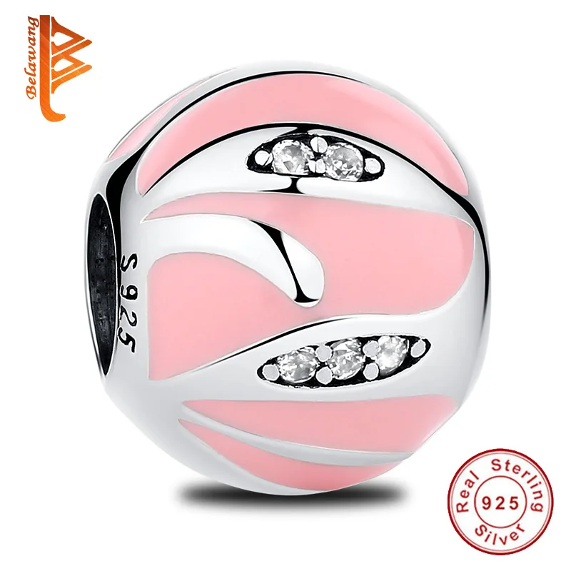 

BELAWANG Elegant Pink Enamel Crystal Beads Charms Fit Original Bracelets Sweet 925 Sterling Silver Jewelry Gift For Women Girls