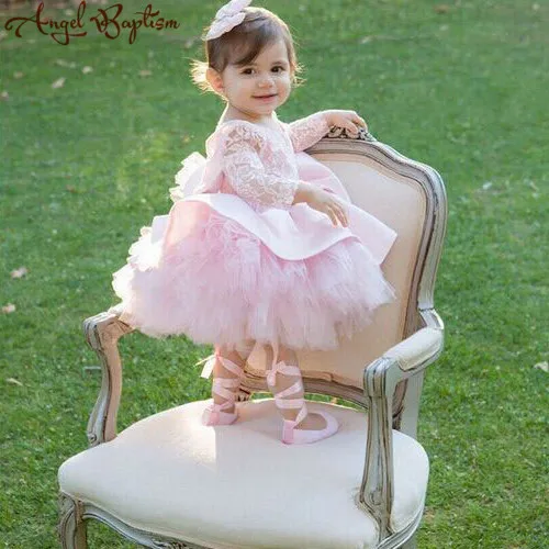 Пышное фатиновое платье из тюля для маленьких девочек, платье для выпускного вечера с юбкой-пачкой платье с открытой спиной с длинными рукавами с цветочным рисунком платья для девочек с блестками и бантом, 1 год День рождения бальное платье