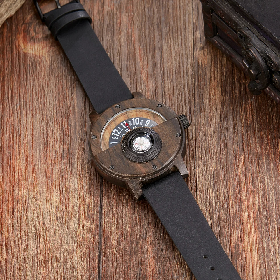 Мужские часы из цельного дерева с поворотным циферблатом, мужские часы из коричневого дерева, часы с кожаным ремешком, креативные часы с компасом и кожаным ремешком, мужские наручные часы