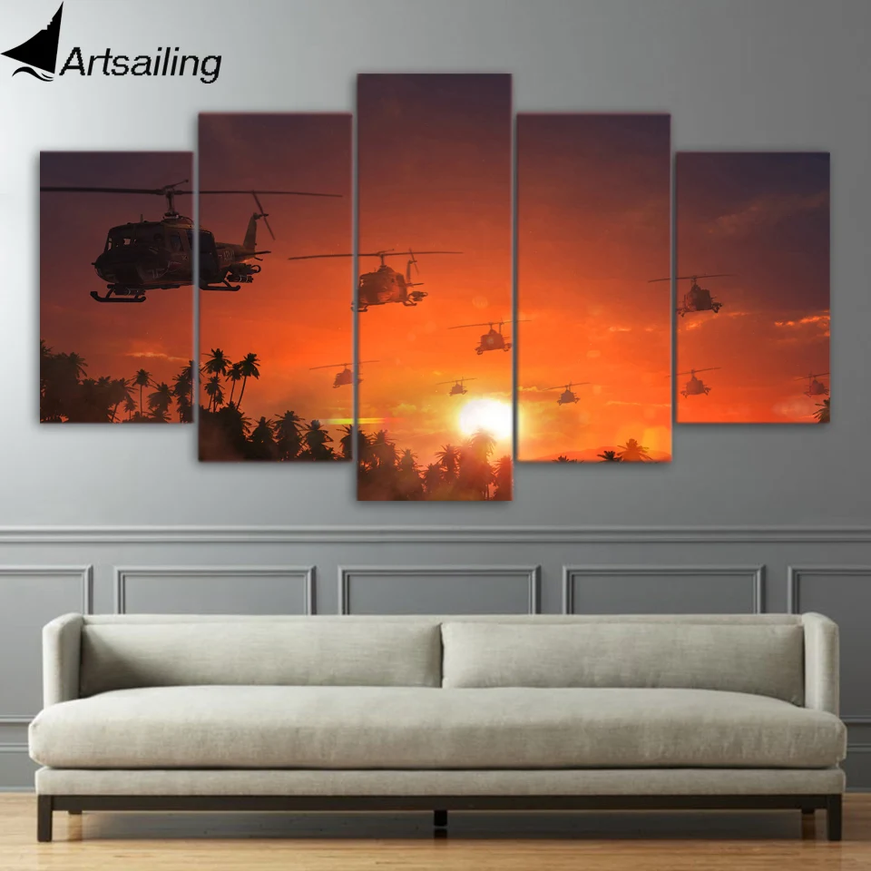 

5 piece canvas art helicopters sunset rosy skey home decor wall pictures for living room prints free shipping XA1579A