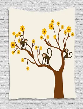

Funny Decor Tapestry Cute Monkey Animations Fun Chimpanzees Climbing On Daisy Trees Animal Life Figure Design, Bedroom Decor