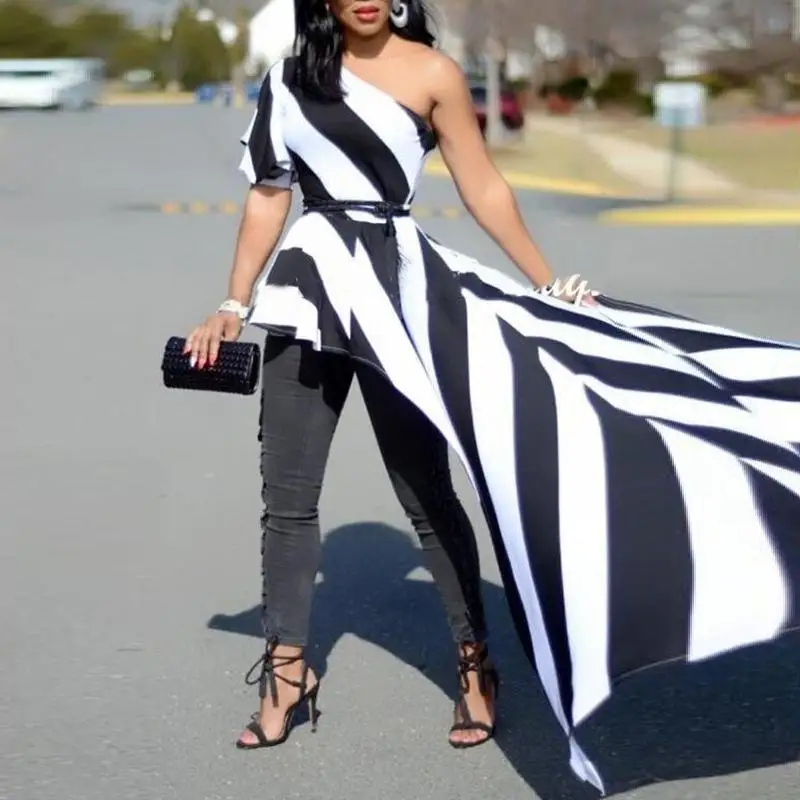Women 2019 Summer Fashion Stylish Casual Elegant Party Shirt Female One Shoulder Contrast Striped Long Top Asymmetric Blouse Women 2019 Summer Fashion Stylish Casual Elegant Party Shirt Female One Shoulder Contrast Striped Long Top Asymmetric Blouse