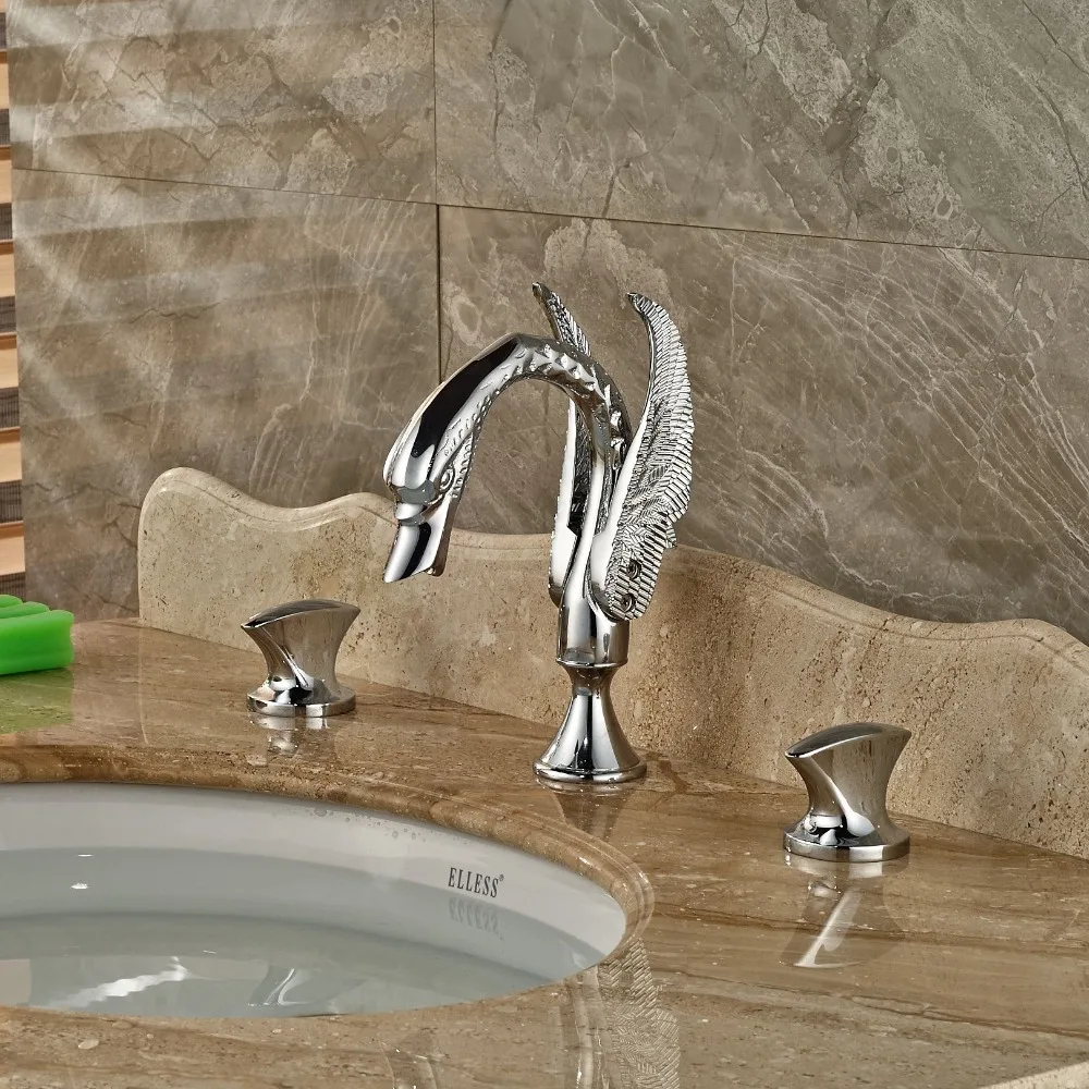 NEW 3 Holes Swan Shape Widespread Bathroom Basin Faucet Vanity Sink