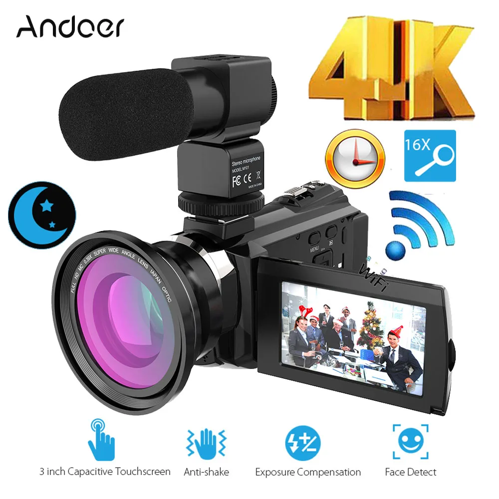 Видеокамера Andoer 4K1080P 48 МП цифровой видеорегистратор с Wi-Fi + широкоугольный