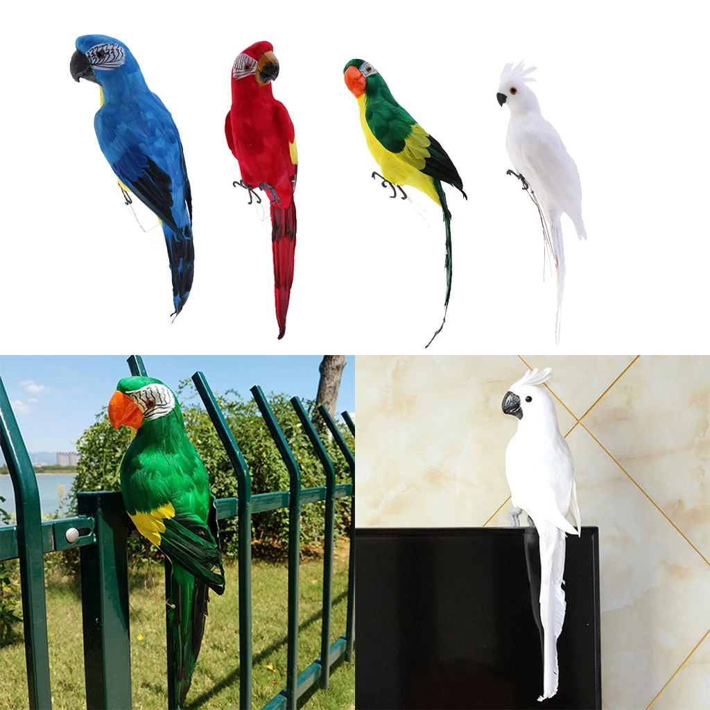 Set of 4 Feathered Realistic Parrot Home Garden Birds Decor Ornament