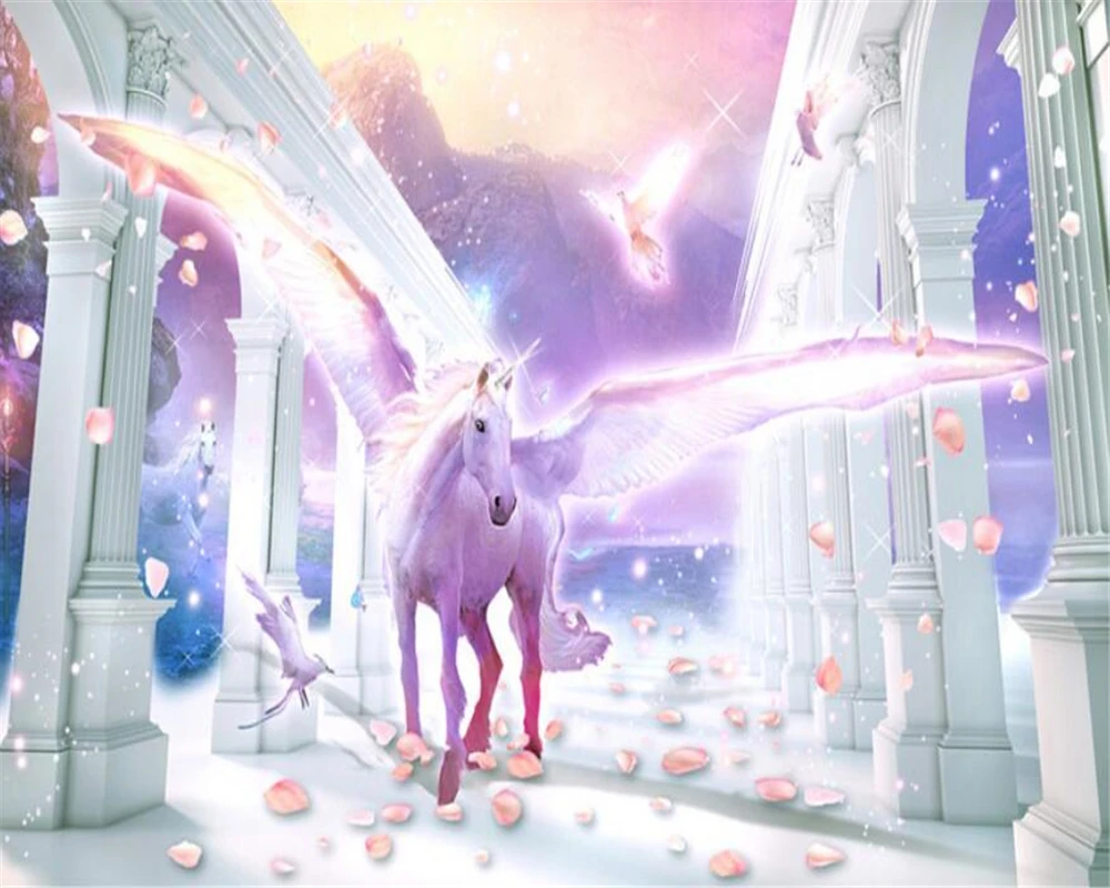 European Roman Column Flying Unicorn Pegasus Petal Background Wall Paper Home Decor Papel De Parede 3d Wallpaper Mural Wallpapers Aliexpress