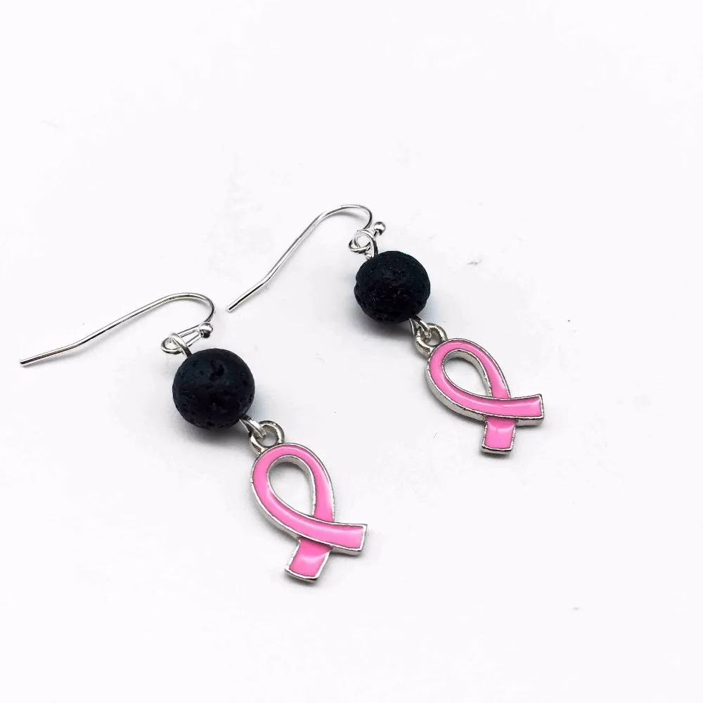 

1pair) Breast Cancer Awareness Pink Ribbon Charm with Lava Stone Essential Oil Diffuser Earrings Aromatherapy Diffuser Energy