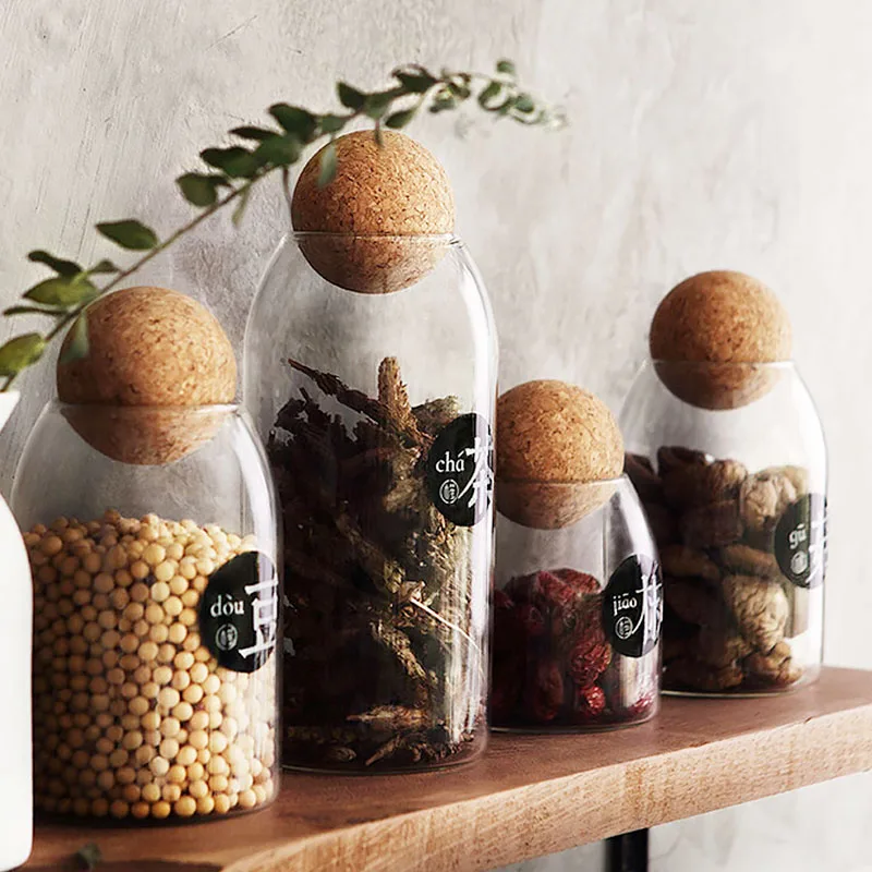 

Home Kitchen Storage Accessories Creative Cork Food Grains Storage Tanks Tea Nut dried Fruit Transparent Glass Storage Tanks