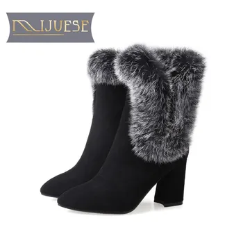 

MLJUESE 2018 women ankle boots cow Suede rabbit hair black color zippers winter short plush boots high heels snow boots 40