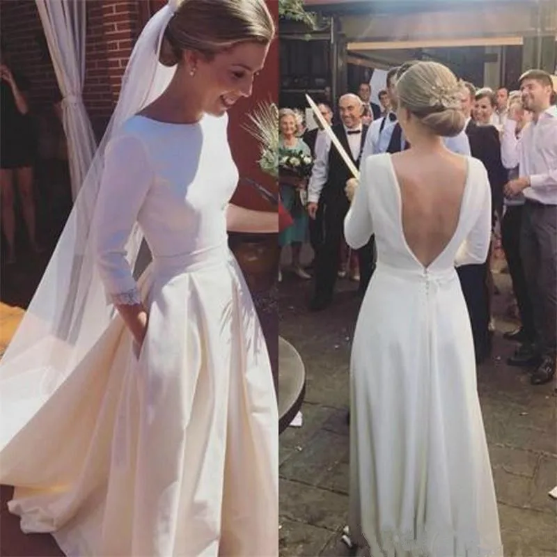 

Vintage Ivory A Line Wedding Dresses With Pocket Long Sleeves Sexy Backless Bridal Gowns wedding gown Plus Size