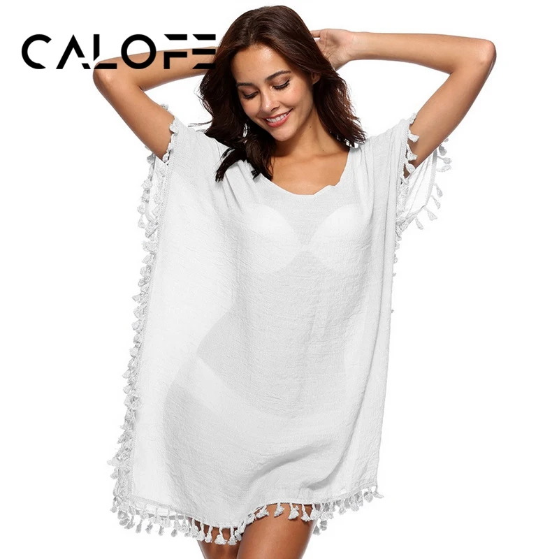 CALOFE Women Black Tassels Bikini Cover Ups Beachwears Covers Robe De