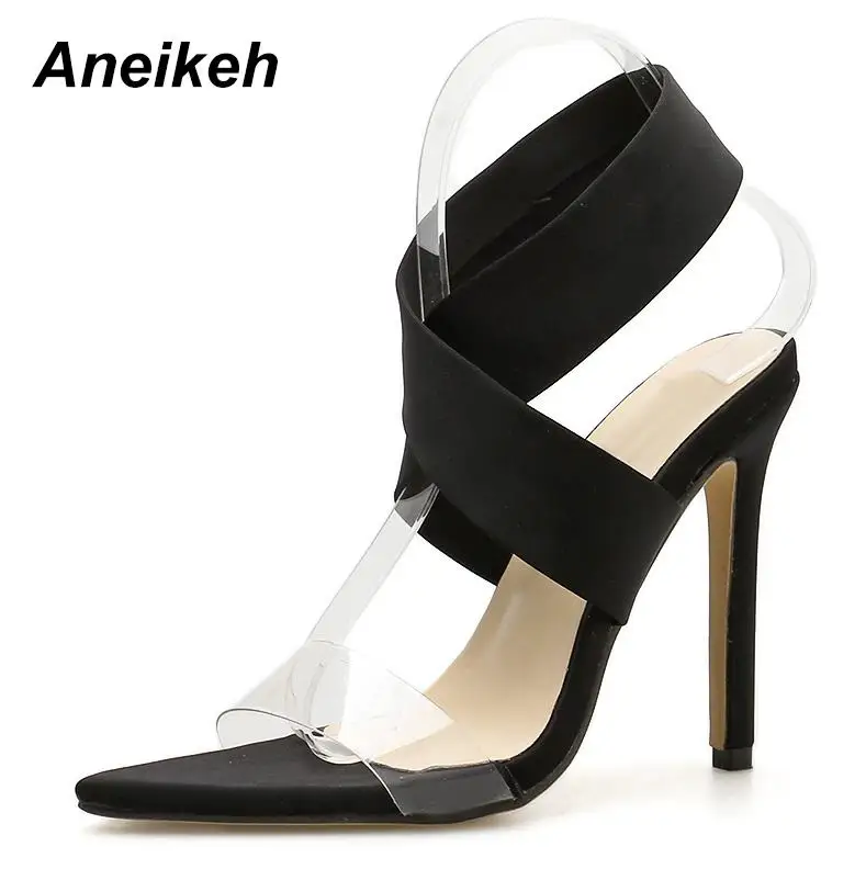 Aneikeh/Новинка; дизайнерские брендовые модные босоножки на высоком тонком каблуке с острым носком; красные свадебные модельные туфли-гладиаторы для невесты - Цвет: Black