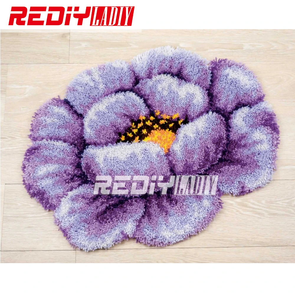 

3D Latch Hook Rug Purple Poppy Flores DIY Needlework Unfinished Crocheting Rug Yarn Cushion Mat Home Decor Embroidery Carpet Rug
