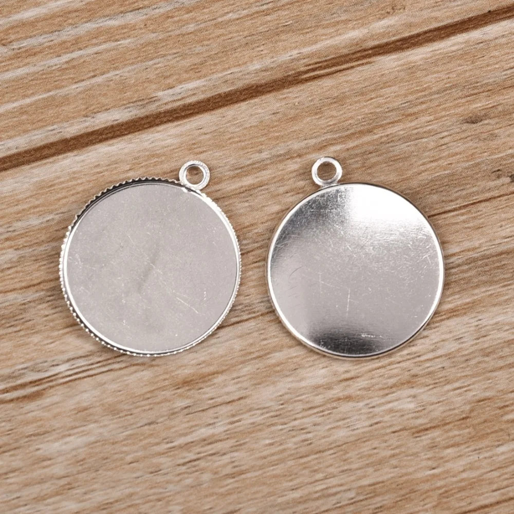 Iron Cabochon Pendant Setting Serrated 20mm Flat Round Bezel Gem Blank Base Silver Plated (4)