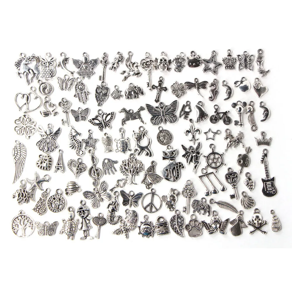 100pcs/lot Mixed Antique Silver Color European Bracelets Charm Pendants
