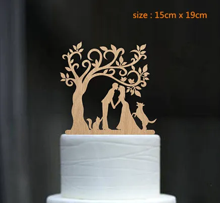 Mixed Style Bride and Groom with Dog and Cat Silhouette Tree Wedding Engagement Cake Topper Rustic Wood free shipping